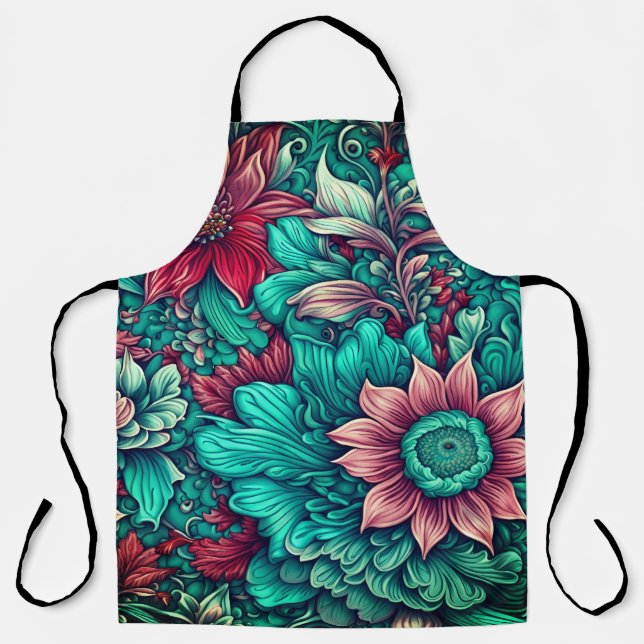Tablier Motif Floral, Aqua, Turquoise, Turquoise et Gris (Recto)