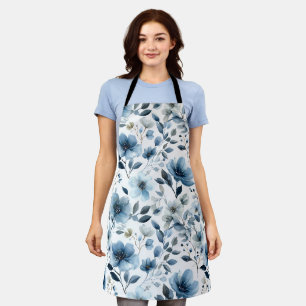 Tablier Motif floral blanc fleur bleu doux aquarelle