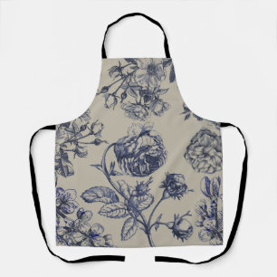 Tablier Motif floral botanique toile bleue vintage antique