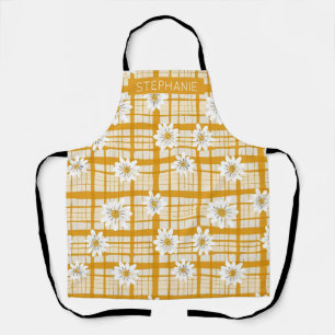 Tablier Motif floral marguerrier blanc sur En vichy jaune