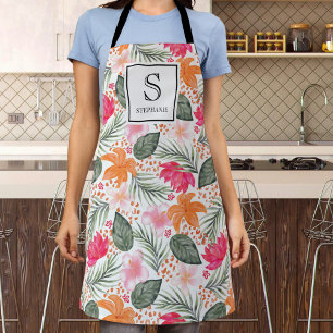 Tablier Motif floral tropical aquarelle monogramme et nom