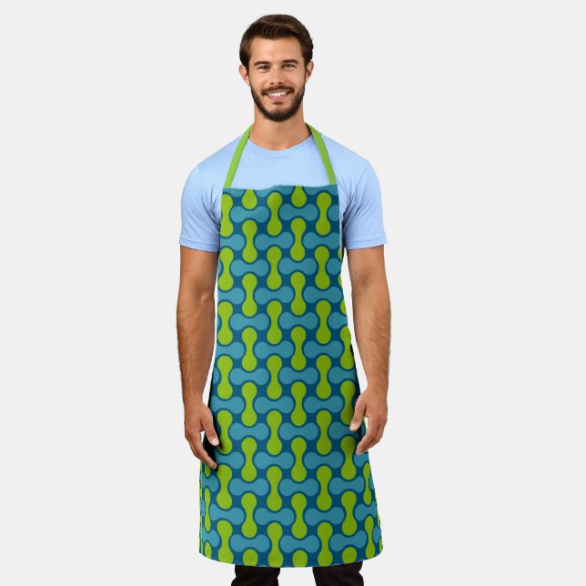 Tablier Motif géométrique Abstrait rétro en bleu et vert (Porté)