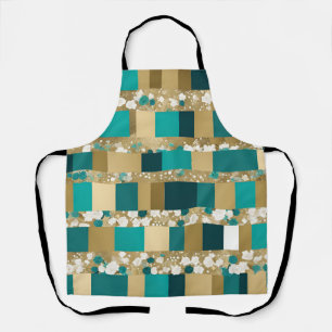 Tablier Motif Géométrique Vert Et Or turquoise Avec Fleurs