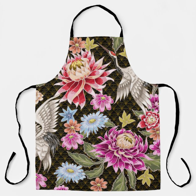 Tablier Motif japonais avec fleurs et grues blanches (Recto)
