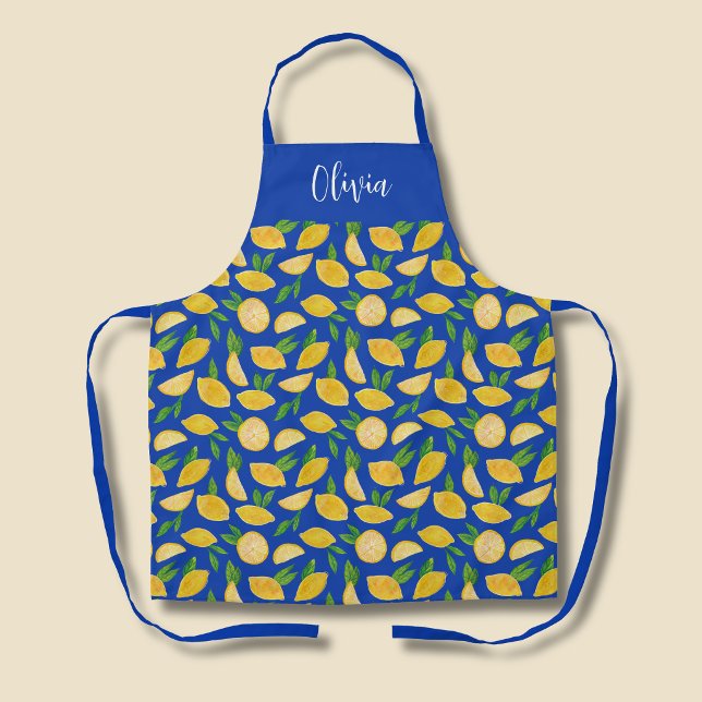 Tablier Motif Lemon méditerranéen (Citrus lemon blue pattern personalised kitchen apron)