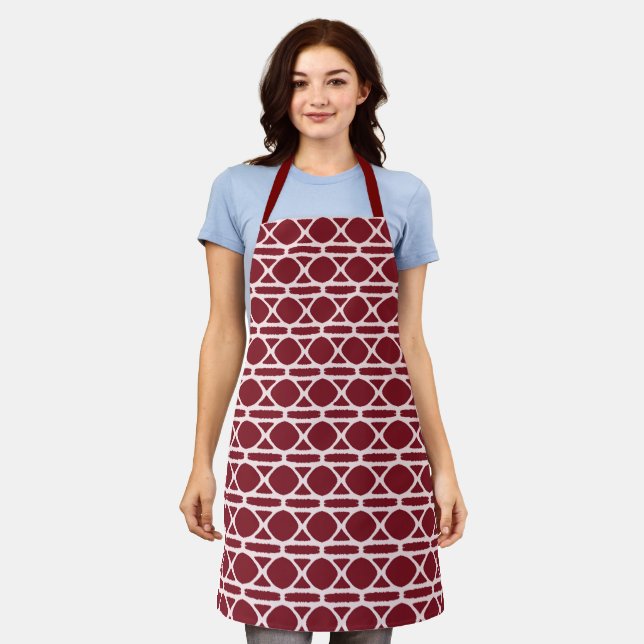 Tablier Motif moderne géométrique blanc rouge (Porté)