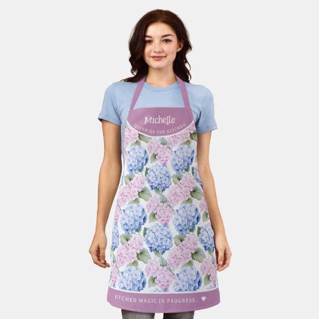 Tablier Motif Pastel rose et bleu hydrangea (Porté)