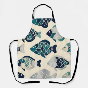 Tablier Motif répétitif de poissons stylisés bleu sarcelle