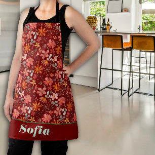 Tablier motif rose fleur sauvage nom personnalisé rouge