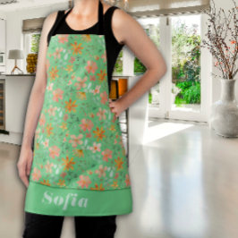 Tablier motif rose fleur sauvage nom personnalisé vert