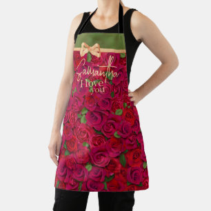 Tablier Motif Rose Rouge Profond Je T'Aime Avec Nom Person