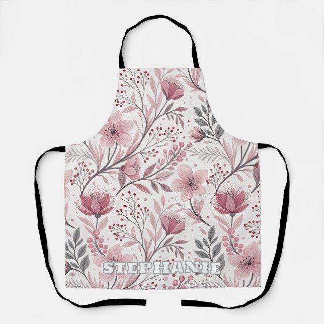 Tablier Motif Sakura en fleurs de cerises roses sur blanc  (Recto)
