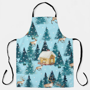 Tablier Motif sans couture avec village d'hiver dans la fo
