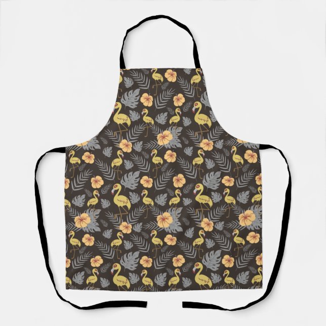 Tablier motif sans couture Flamant rose avec fleurs et feu (Recto)