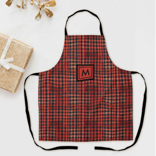 Tablier Motif Tartan Rouge Et Noir Élégant Et Monogramme