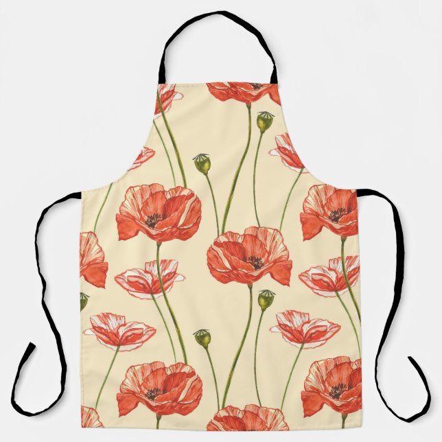 Tablier Motif Watercolor Red Poppies. (Recto)