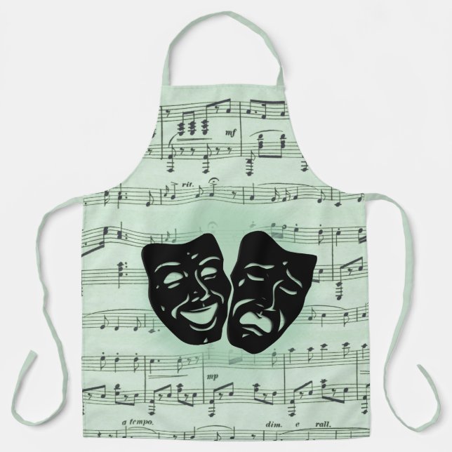Tablier Musique verte et masques grecs de théâtre (Recto)