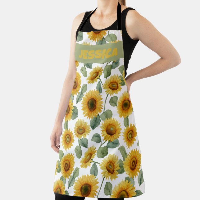 Tablier Name Watercolor Sunflower Floral Pattern Custom (Insitu)