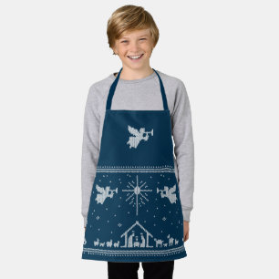 Tablier Nativité et Anges confits Noël Religieux Bleu