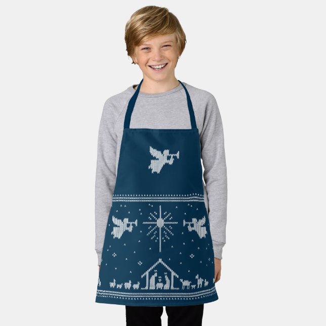 Tablier Nativité et Anges confits Noël Religieux Bleu (Porté)