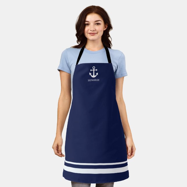 Tablier Nautical Navy Blue Welcome Aboard Nom du bateau An (Porté)