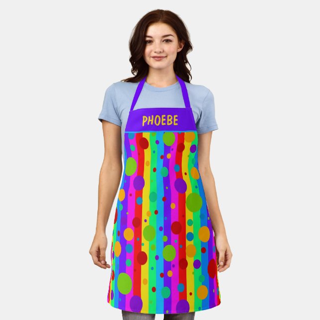 Tablier Neon Rainbow Stripe et Polka Dot Personnalisé (Porté)