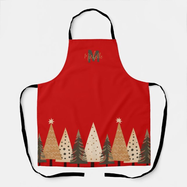 Tablier Noël Arbre de vacances Cuisson rouge Monographie (Recto)
