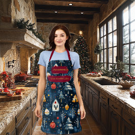 Tablier Noël bleu avec maisons d'hiver et ornements