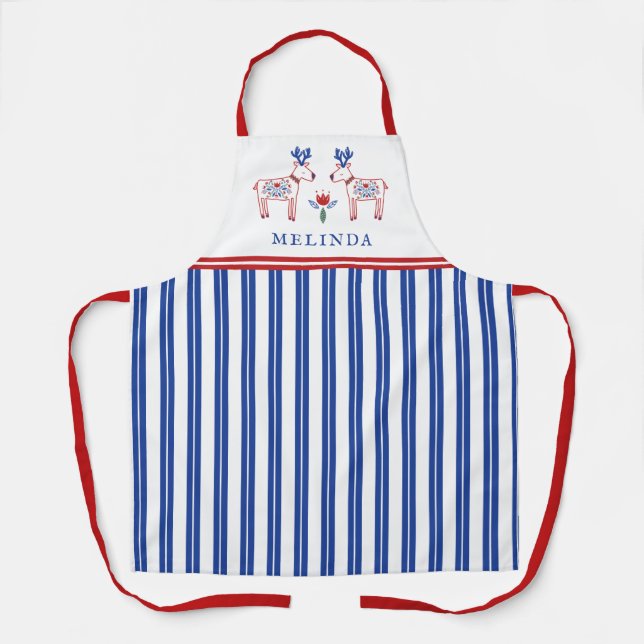 Tablier Noël bleu renne floral scandinave (Recto)