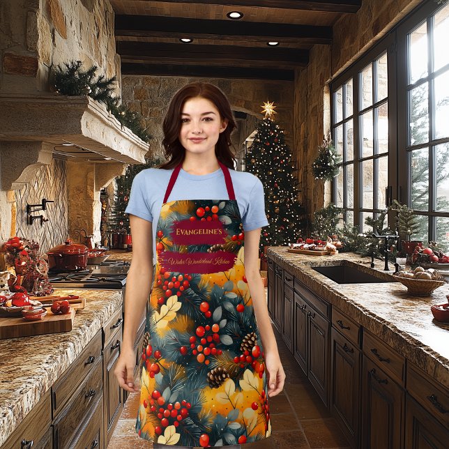 Tablier Noël - Branches de pins, Baies rouges, Pinecones (Créateur téléchargé)