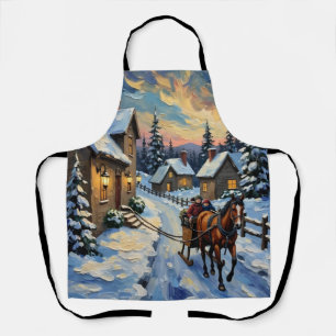 Tablier Noël enneigé avec cheval et traîneau vintage