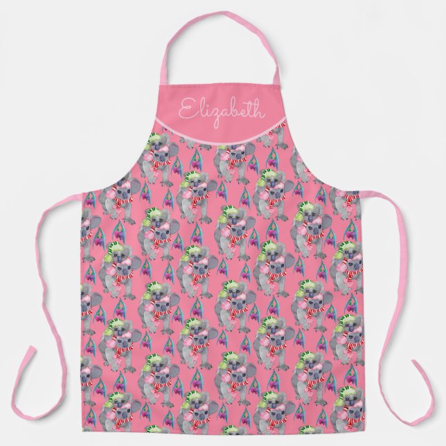 Tablier Noël rose de la famille Koala personnalisée (Recto)