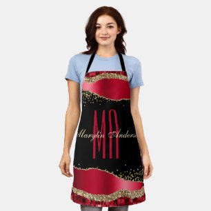 TABLIER NOËL ROUGE & OR LARMES CHIC MONOGRAM PERSONNALISÉ