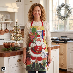 Tablier Noël vintage, joyeux Père Noël avec cadeaux