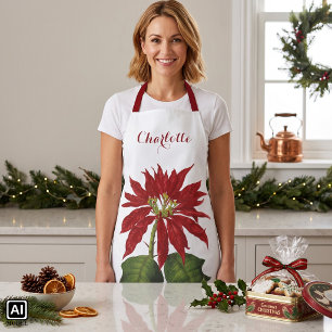 Tablier Noël vintage, plante hivernale de poinsettia rouge