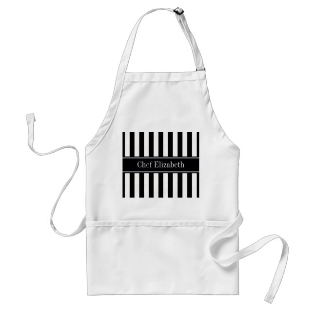 Tablier Noir blanc bande noire Nom Monogramme (Devant)