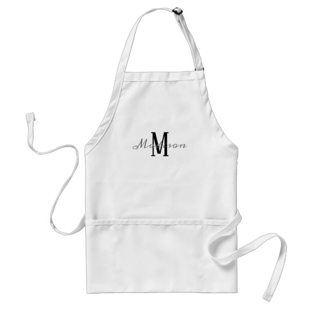Tablier Noir blanc moderne Script Gris Monogramme Nom (Devant)