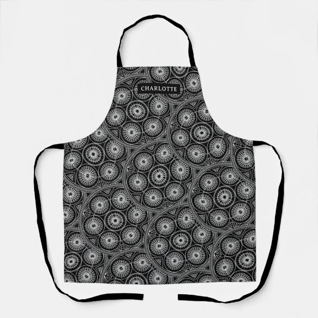 Tablier Noir élégant Blanc moderne Mandala Nom du Motif (Recto)