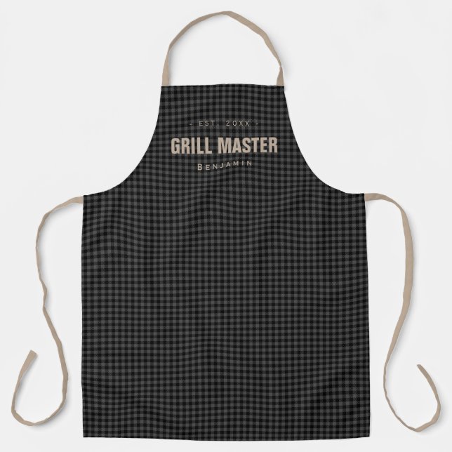 Tablier Noir en vichy chèque grill maître personnalisé (Recto)