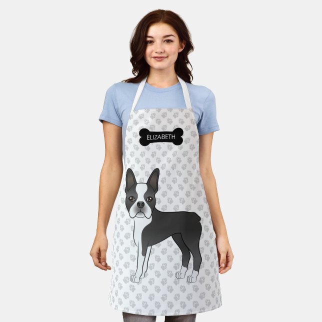 Tablier Noir Et Blanc Boston Terrier Dessin Chien Et Nom (Porté)