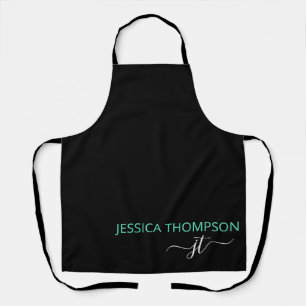 Tablier Noir Turquoise Personnalisé Élégant Monogramme 