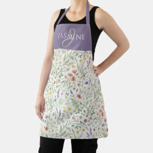 Tablier Nom de monogramme bohème de fleur sauvage à aquare