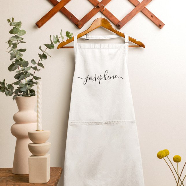 Tablier Nom de script élégant personnalisé blanc (White Apron with elegant personalized name script. )