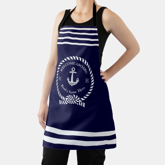 Tablier Nom du bateau nautique Ancre Dark Navy Blue Welcom (Insitu)