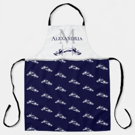 Tablier Nom du monogramme blanc bleu marine Motif de homar