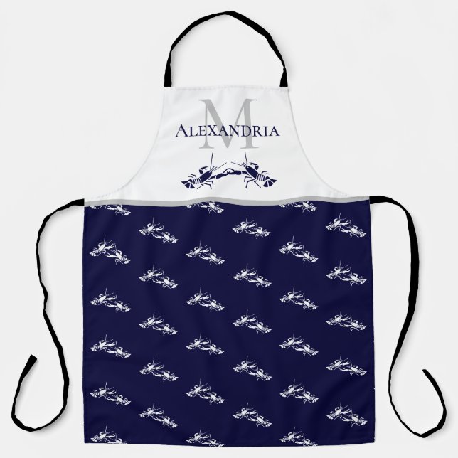 Tablier Nom du monogramme blanc bleu marine Motif de homar (Recto)