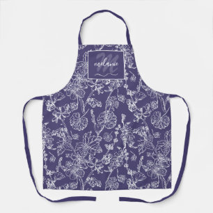 Tablier Nom du monogramme de script Fleur sauvage bleu bla