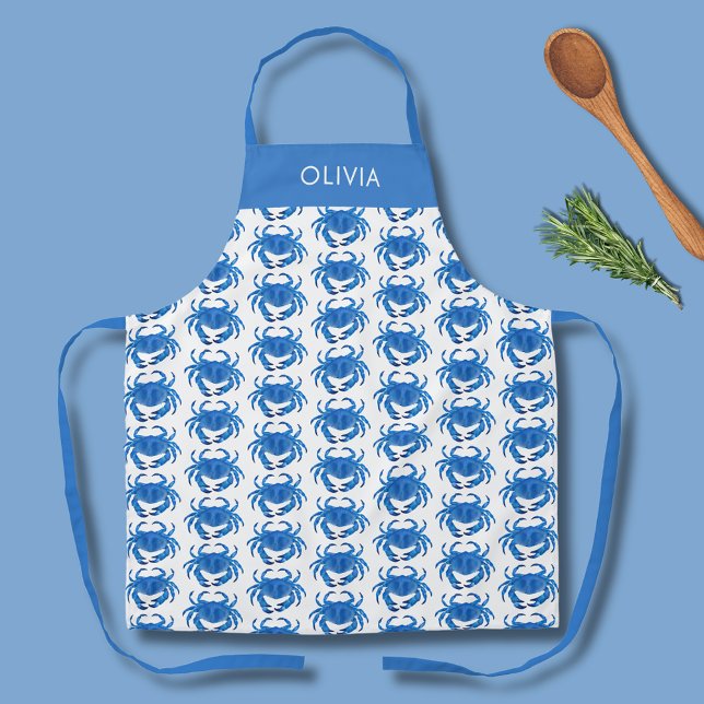 Tablier Nom du Motif de crabe bleu (Personalized blue crab pattern kitchen apron with white background.)