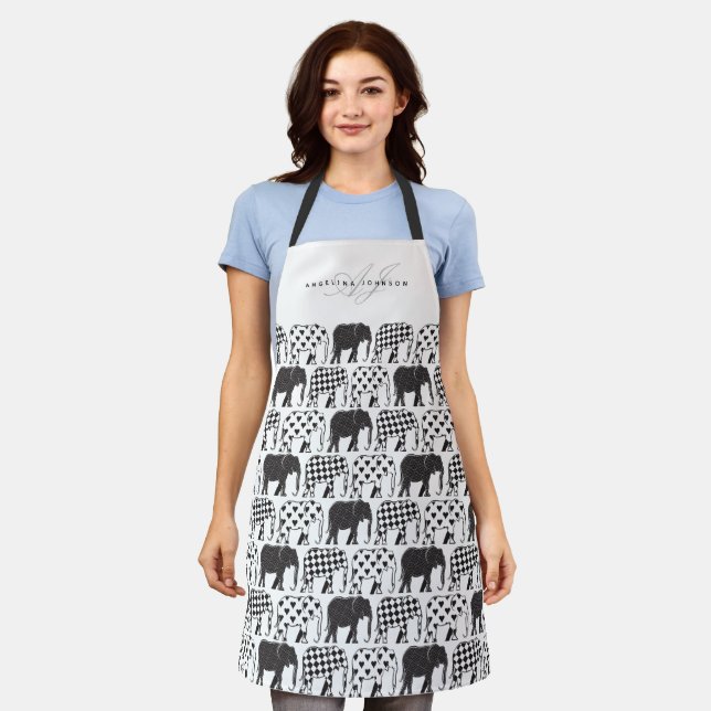 Tablier Nom du Motif noir et blanc des éléphants (Porté)