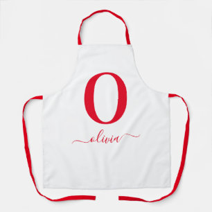 Tablier Nom en écriture Monogram Personnalisé Blanc et Rou